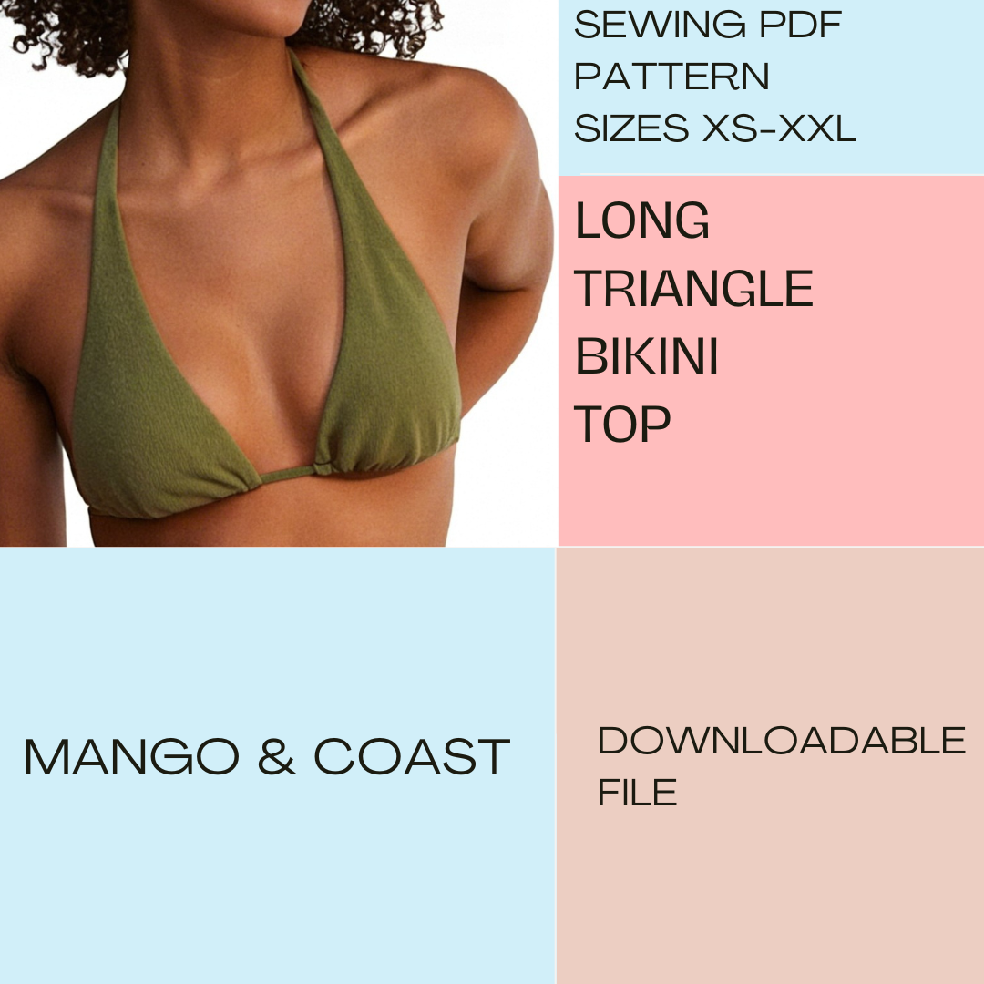 DIY Swimwear | Long Triangle Halter Bikini Top | pdf sewing pattern | Reversible Non-Reversible | Swimsuit, Women’s Bathing Suit XS–XXL
