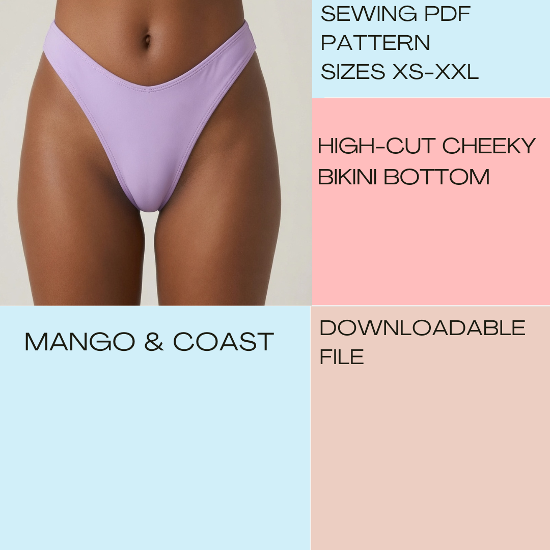 DIY Swimwear | Cheeky Bikini Bottom | pdf sewing pattern | High-Cut Rise, Non-Reversible | Swimsuit, Women’s Bathing Suit XS–XXL