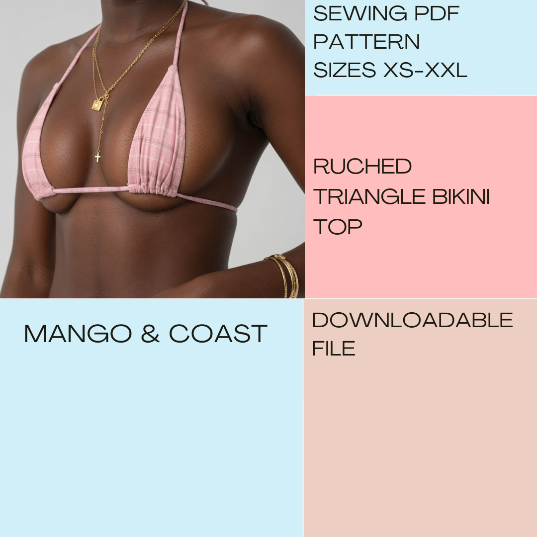 DIY Swimwear | Ruched Triangle Bikini Top | pdf sewing pattern | Reversible Non-Reversible | Swimsuit, Women’s Bathing Suit XS–XXL