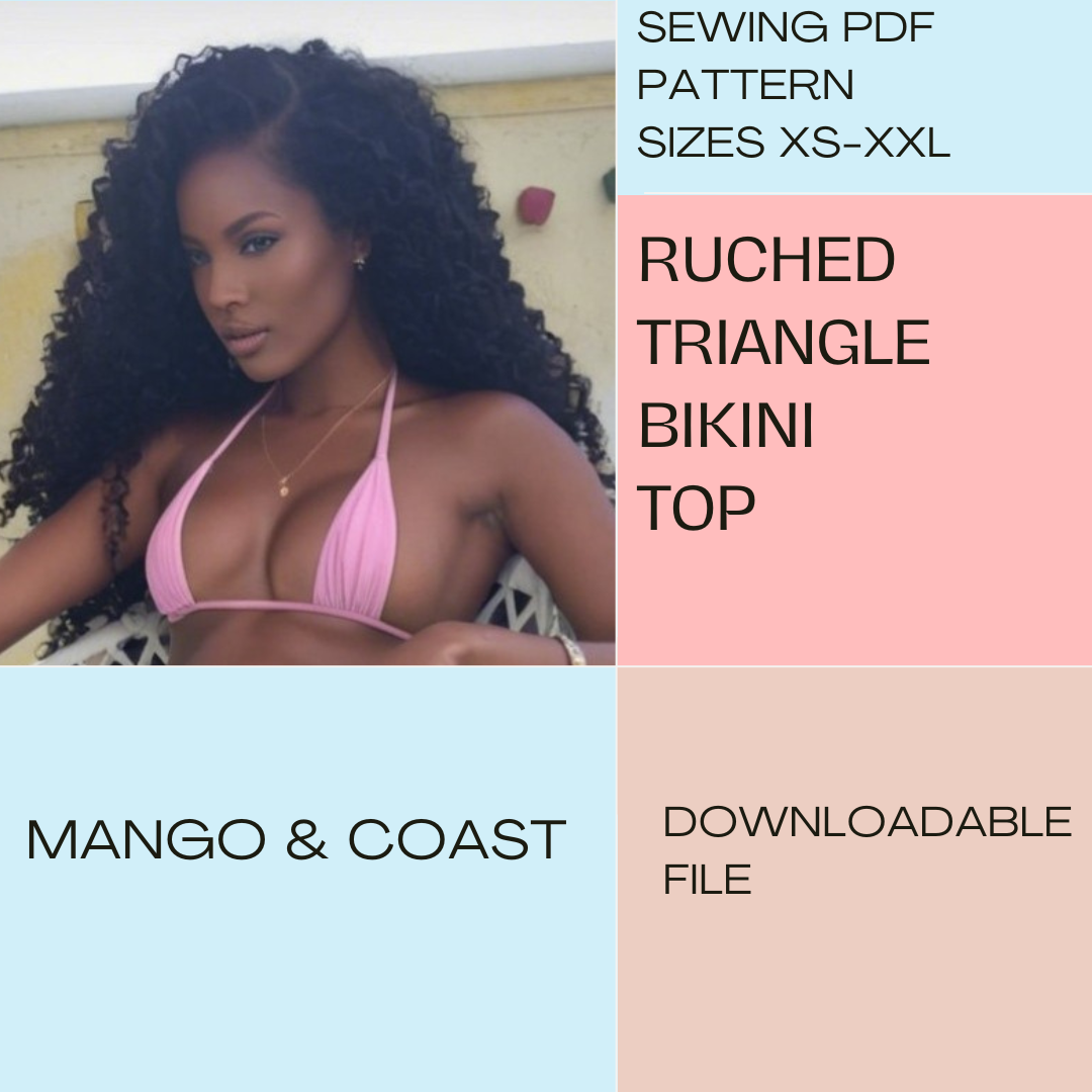 DIY Swimwear | Ruched Triangle Bikini Top | pdf sewing pattern | Reversible Non-Reversible | Swimsuit, Women’s Bathing Suit XS–XXL