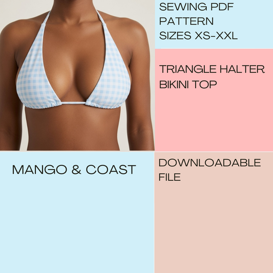DIY Swimwear | Long Triangle Halter Bikini Top | pdf sewing pattern | Reversible Non-Reversible | Swimsuit, Women’s Bathing Suit XS–XXL