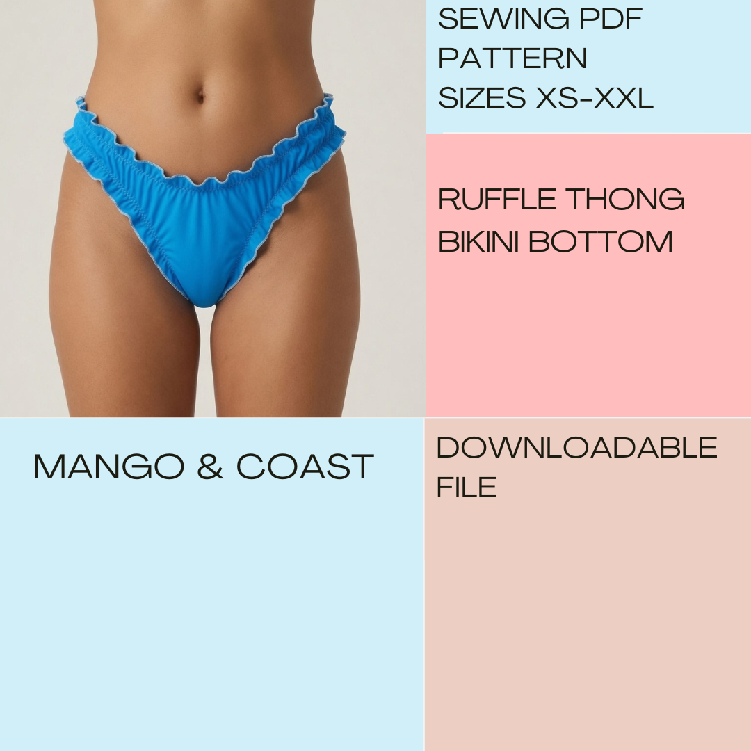 DIY Swimwear | Ruffle Thong Bikini Bottom | pdf sewing pattern | High-Cut, Lettuce Edge | Swimsuit, Women’s Bathing Suit XS–XXL