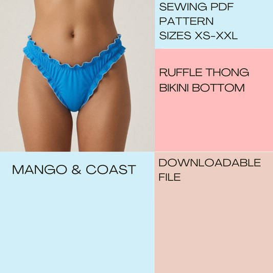 DIY Swimwear | Ruffle Thong Bikini Bottom | pdf sewing pattern | High-Cut, Lettuce Edge | Swimsuit, Women’s Bathing Suit XS–XXL