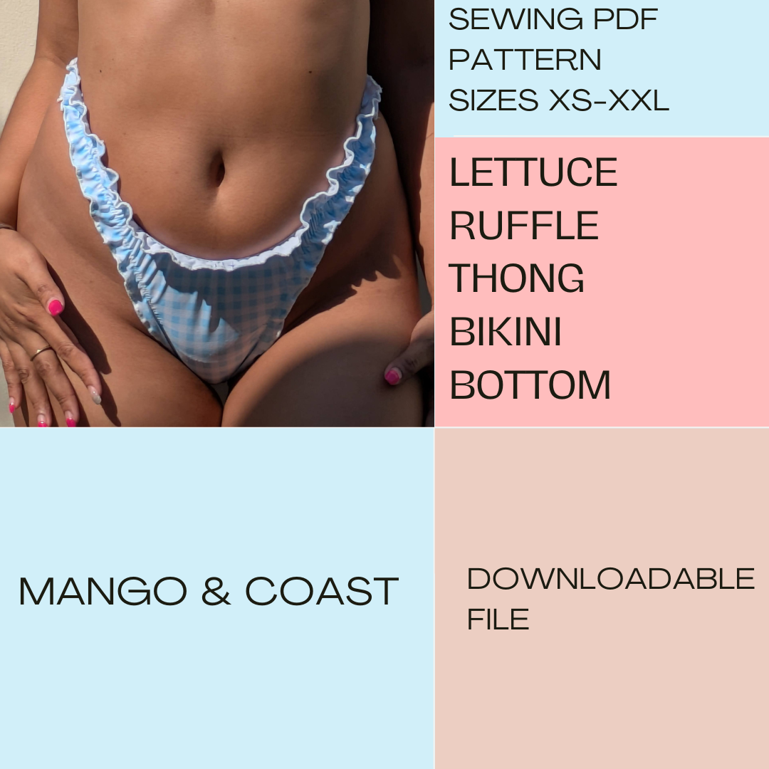 DIY Swimwear | Ruffle Thong Bikini Bottom | pdf sewing pattern | High-Cut, Lettuce Edge | Swimsuit, Women’s Bathing Suit XS–XXL